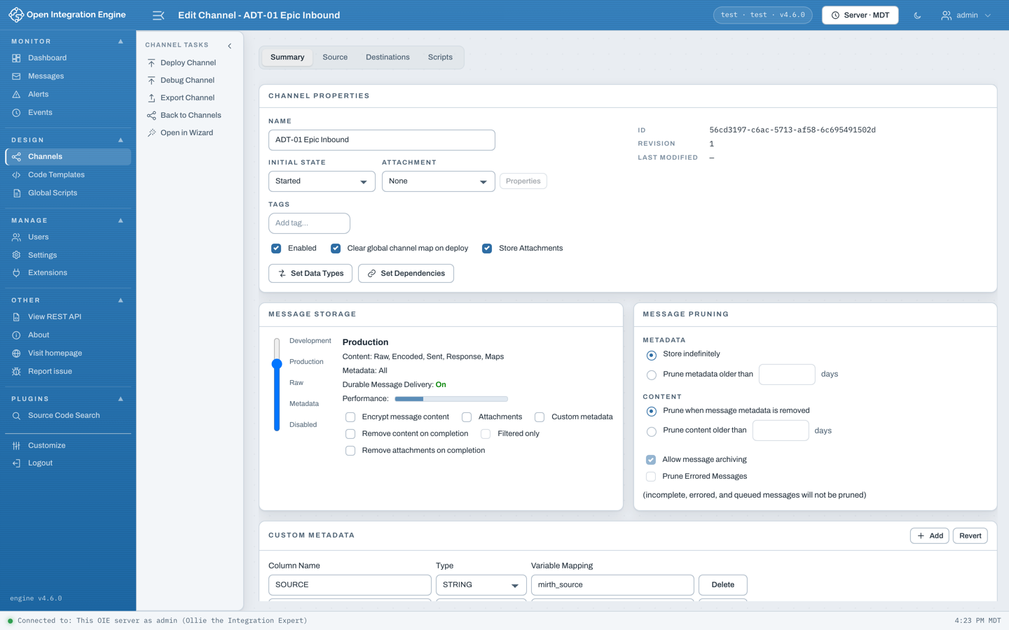 Channel editor in the web administrator