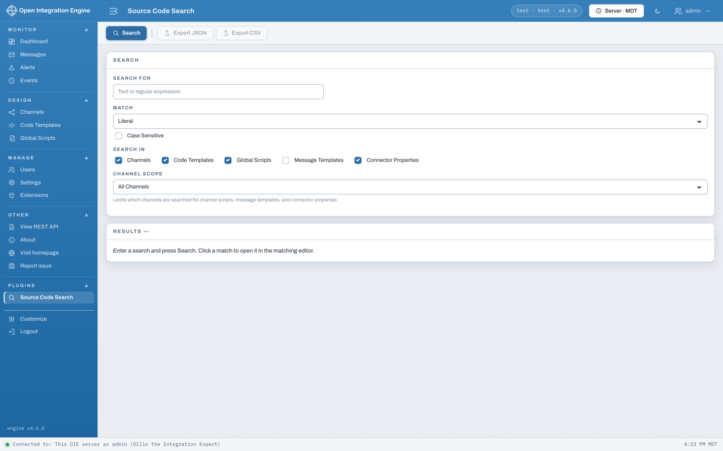Source Code Search plugin running in the web administrator