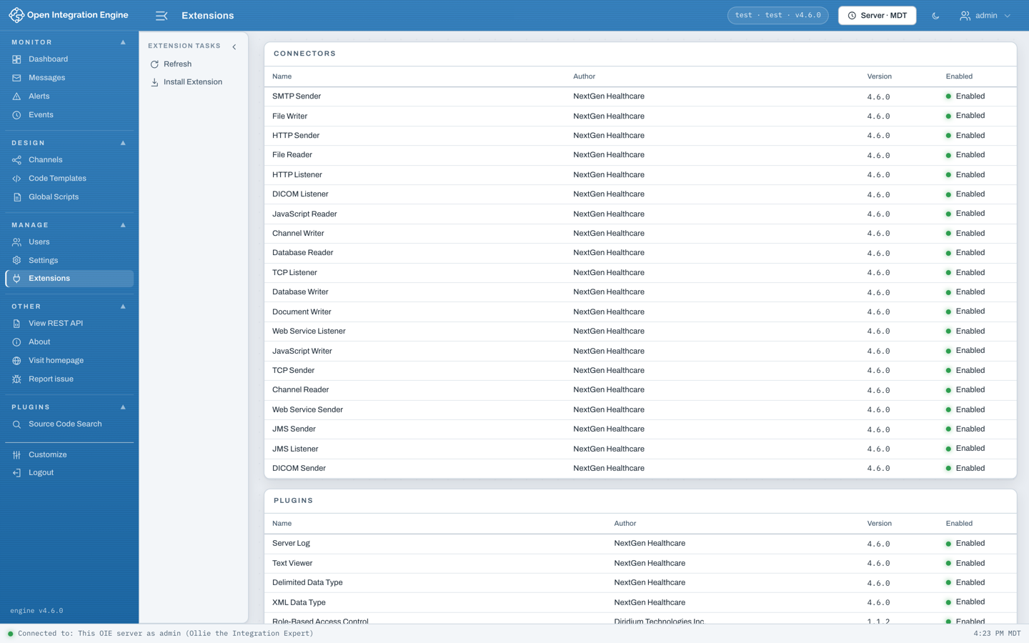 Extensions page in the web administrator